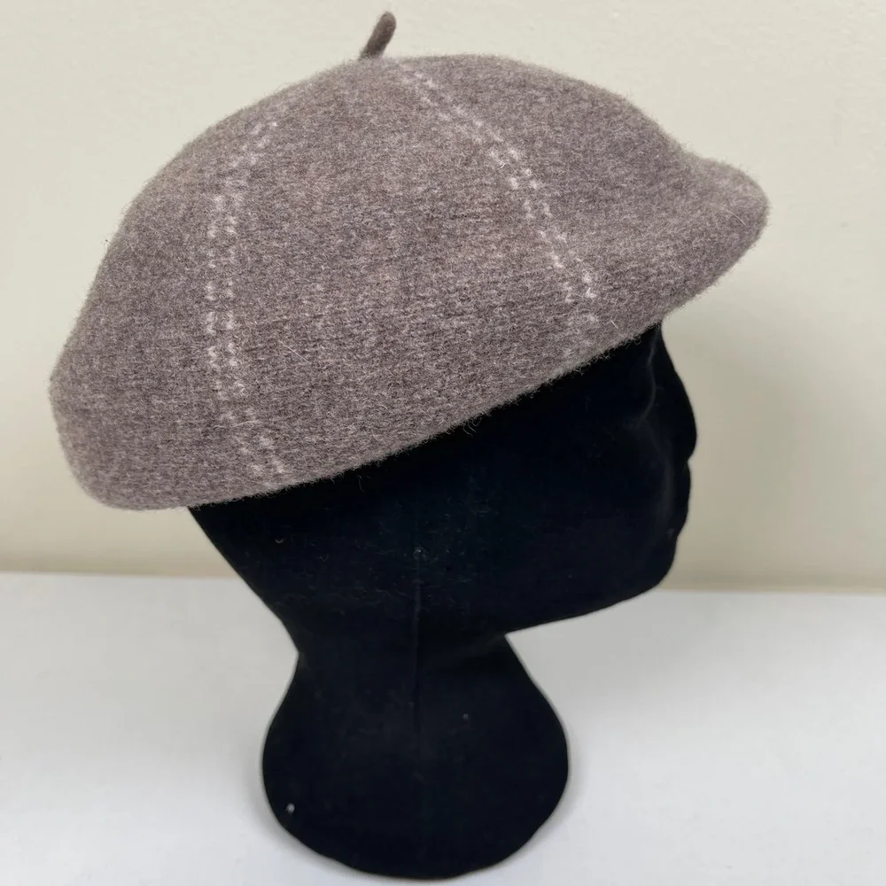 Vintage SCALA 100% Wool Beret Hat Cap Taupe Cream Striped‎ Thick Knit Nuetral